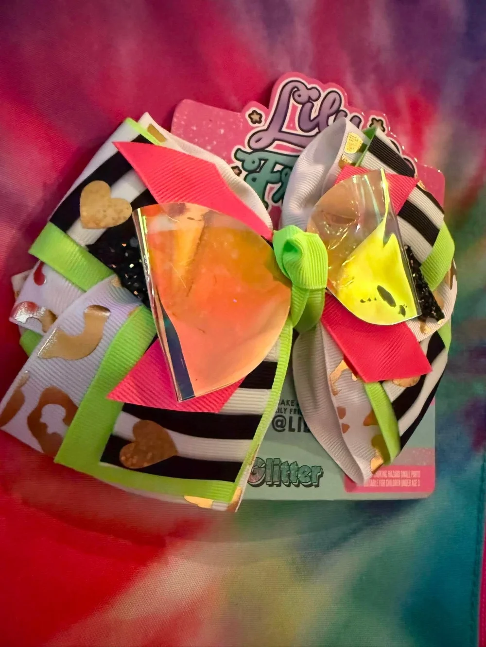 Kids Neon Pink and Lime Stripe Hair Bow